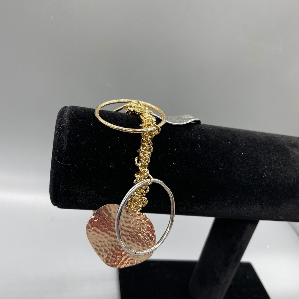 Mixed Metal Hammered Disc and Ring Stretch Charm Bracelet Gold Silver‎ Rose Gold